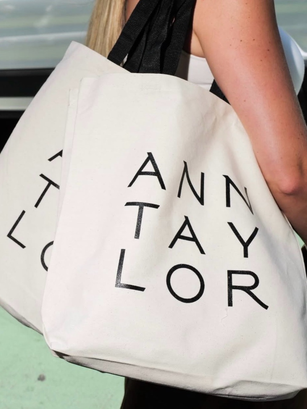 Ann Taylor Cream Canvas Tote with Black Handles and Logo - Not sold in stores